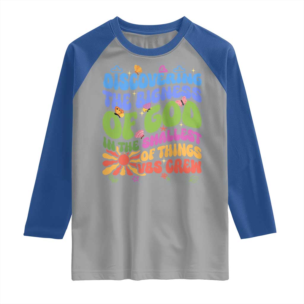VBS 2025 Raglan Shirt Discovering The Bigness Of God In The Smallest Of Things Retro Groovy