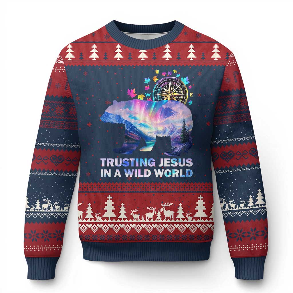 VBS 2025 Adventure Bear Ugly Christmas Sweater Trusting Jesus In A Wild World Northen Lights - Wonder Print Shop