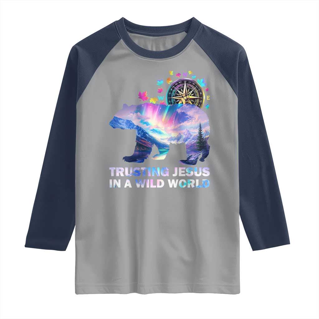 VBS 2025 Adventure Bear Raglan Shirt Trusting Jesus In A Wild World Northen Lights