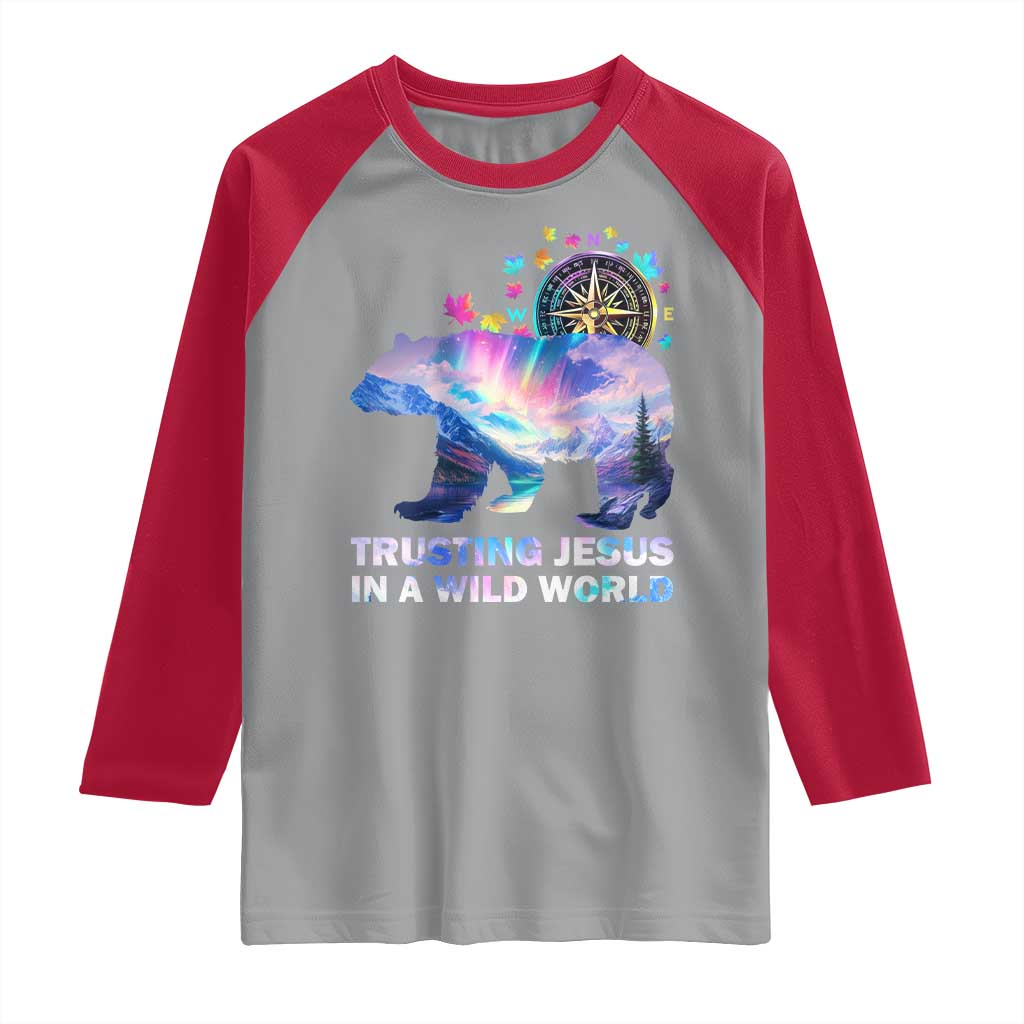 VBS 2025 Adventure Bear Raglan Shirt Trusting Jesus In A Wild World Northen Lights