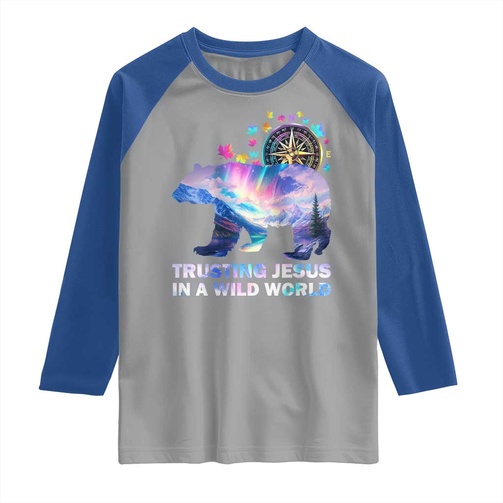 VBS 2025 Adventure Bear Raglan Shirt Trusting Jesus In A Wild World Northen Lights