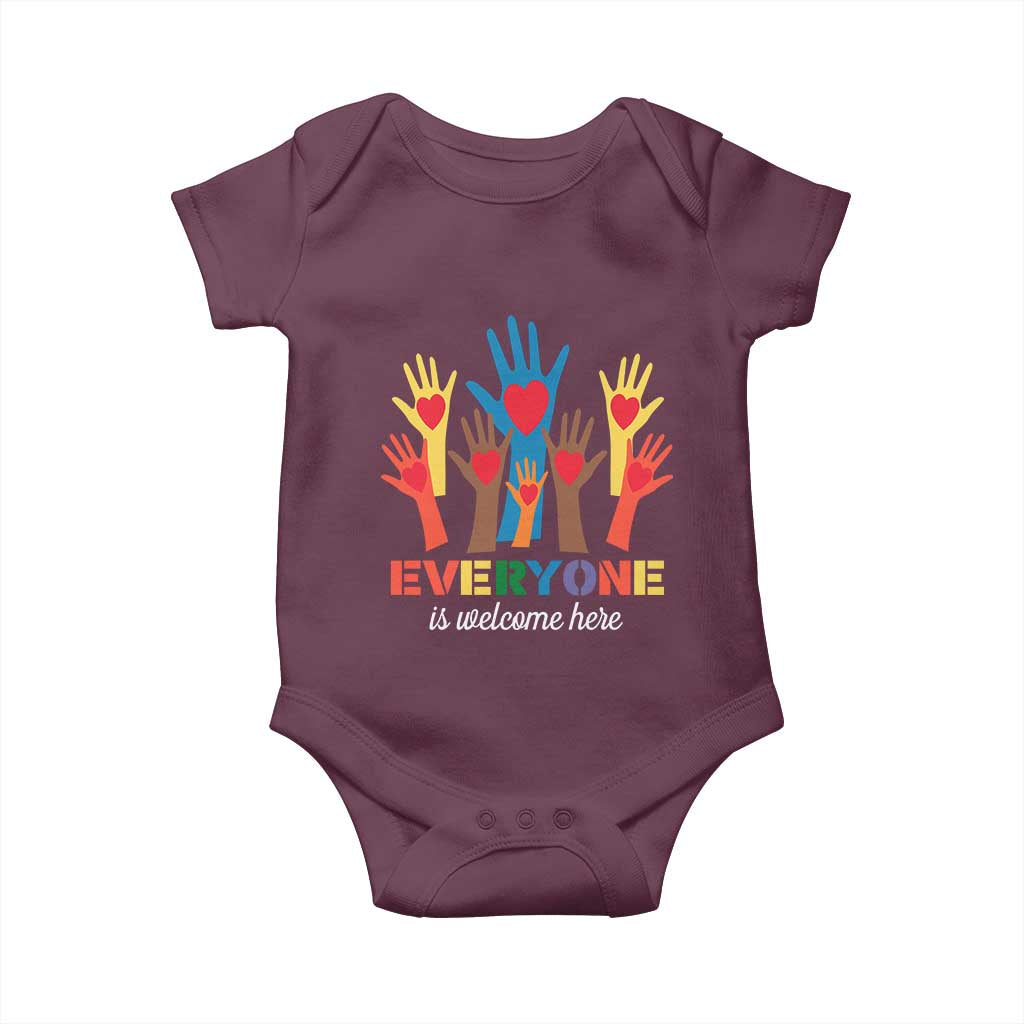 Everyone Is Welcome Here Baby Onesie Equality Rainbow Fist Hands