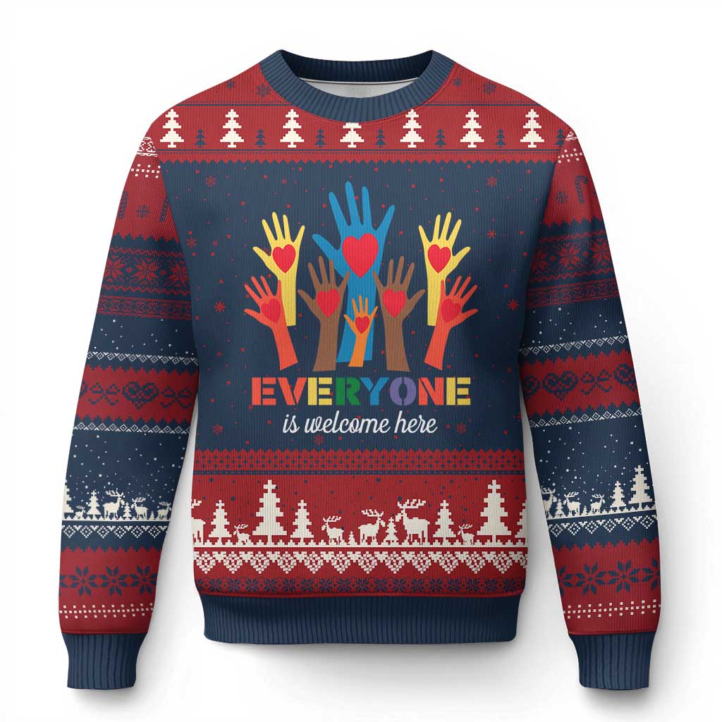 Everyone Is Welcome Here Ugly Christmas Sweater Equality Rainbow Fist Hands - Wonder Print Shop