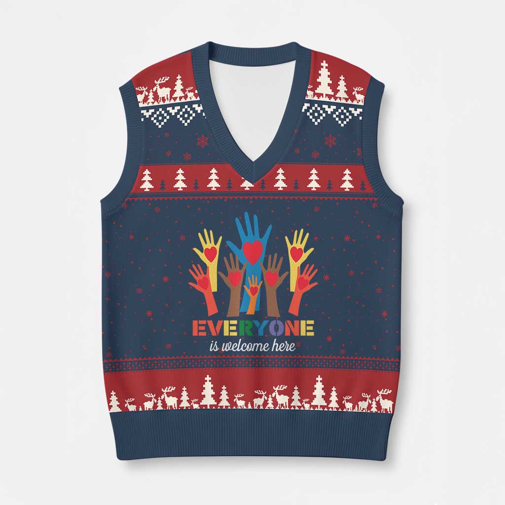 Everyone Is Welcome Here V-Neck Knit Sweater Vest Equality Rainbow Fist Hands - Wonder Print Shop