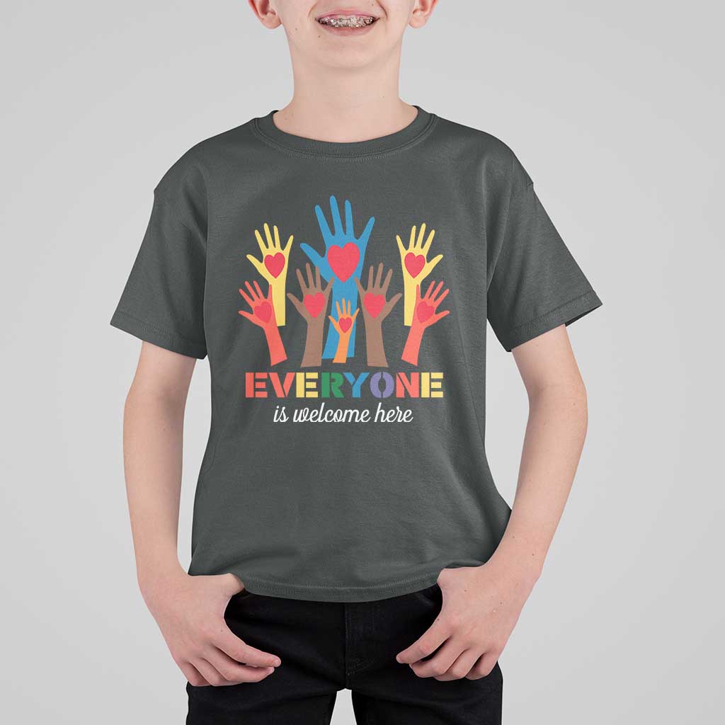Everyone Is Welcome Here T Shirt For Kid Equality Rainbow Fist Hands