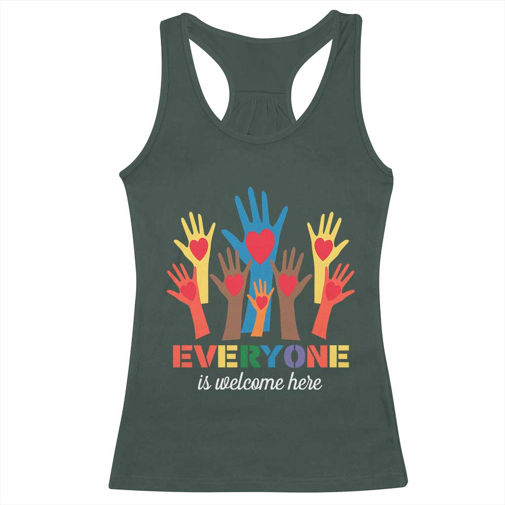 Everyone Is Welcome Here Racerback Tank Top Equality Rainbow Fist Hands