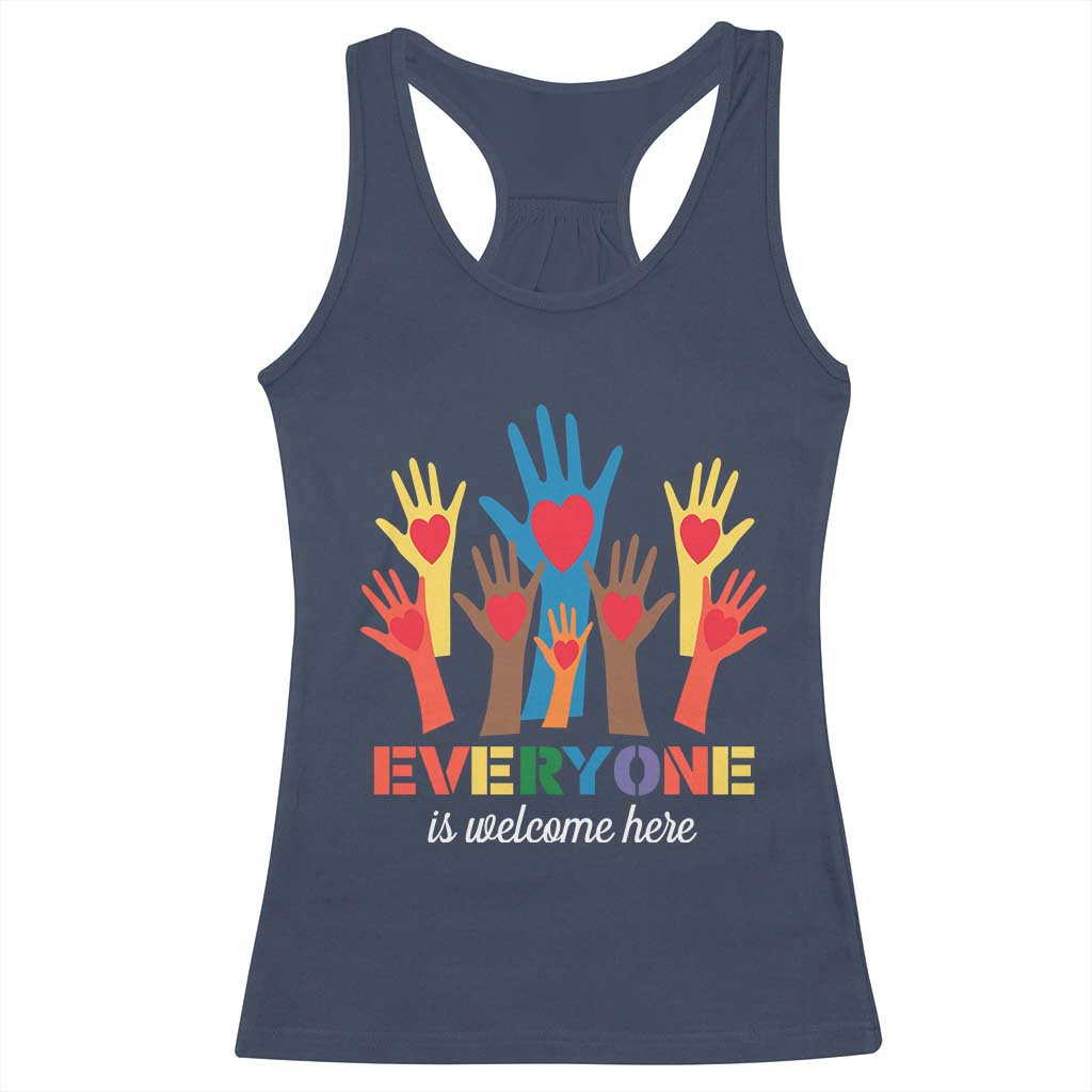 Everyone Is Welcome Here Racerback Tank Top Equality Rainbow Fist Hands