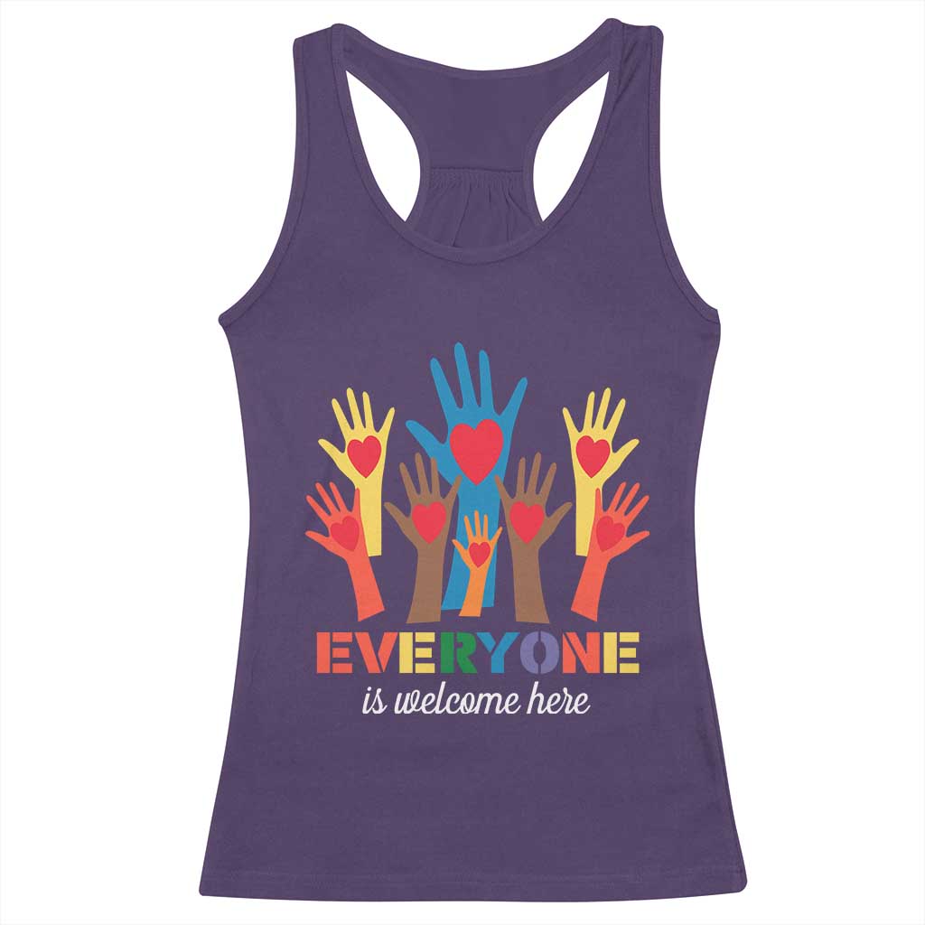 Everyone Is Welcome Here Racerback Tank Top Equality Rainbow Fist Hands