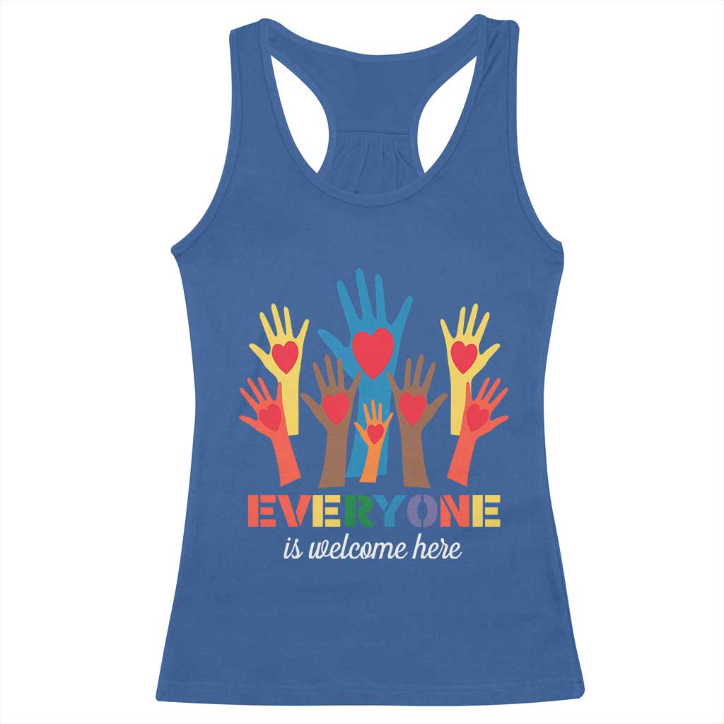 Everyone Is Welcome Here Racerback Tank Top Equality Rainbow Fist Hands