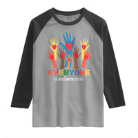 Everyone Is Welcome Here Raglan Shirt Equality Rainbow Fist Hands