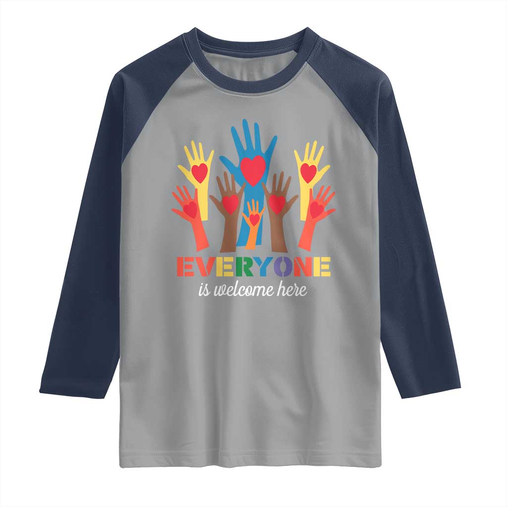 Everyone Is Welcome Here Raglan Shirt Equality Rainbow Fist Hands