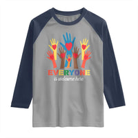 Everyone Is Welcome Here Raglan Shirt Equality Rainbow Fist Hands