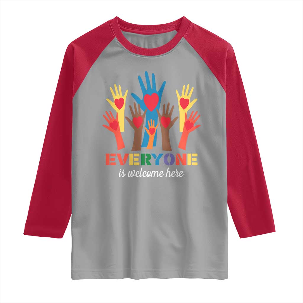 Everyone Is Welcome Here Raglan Shirt Equality Rainbow Fist Hands