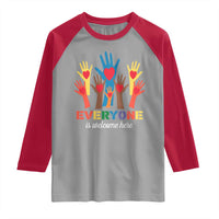 Everyone Is Welcome Here Raglan Shirt Equality Rainbow Fist Hands