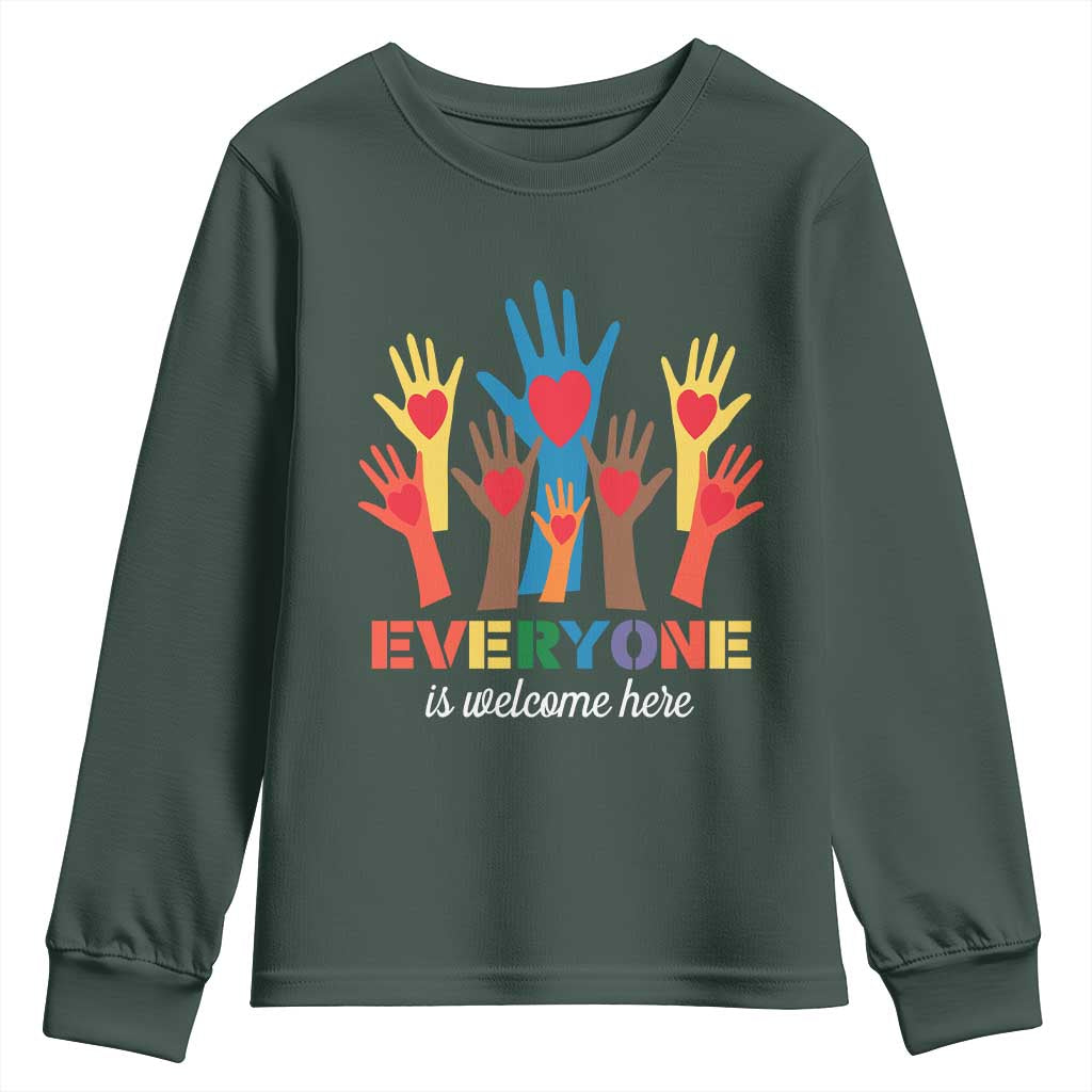 Everyone Is Welcome Here Youth Sweatshirt Equality Rainbow Fist Hands