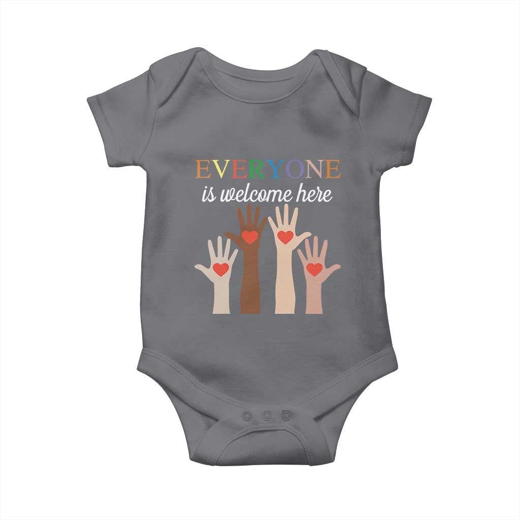 Everyone Is Welcome Here Baby Onesie Equality Fist Hands Hearts