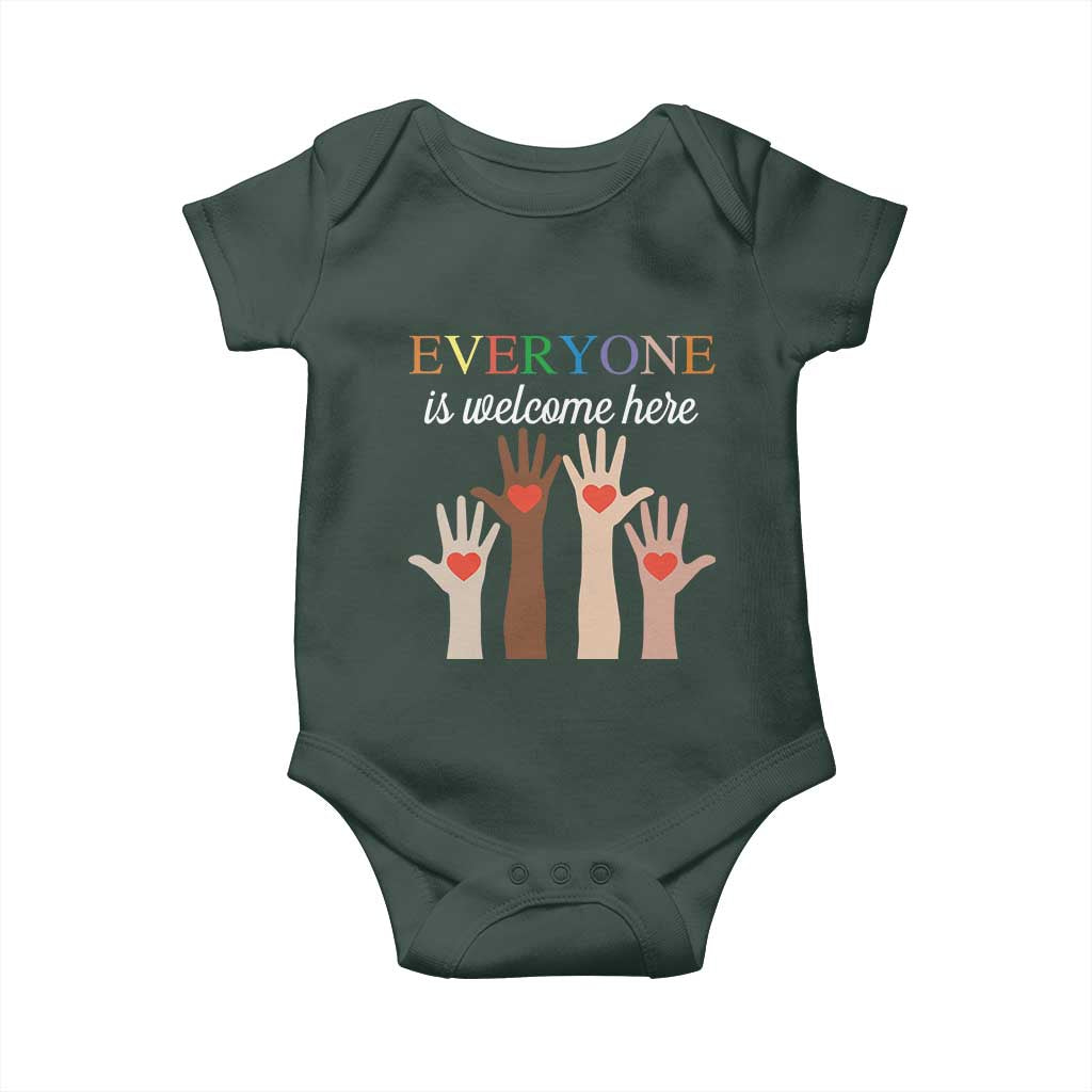 Everyone Is Welcome Here Baby Onesie Equality Fist Hands Hearts