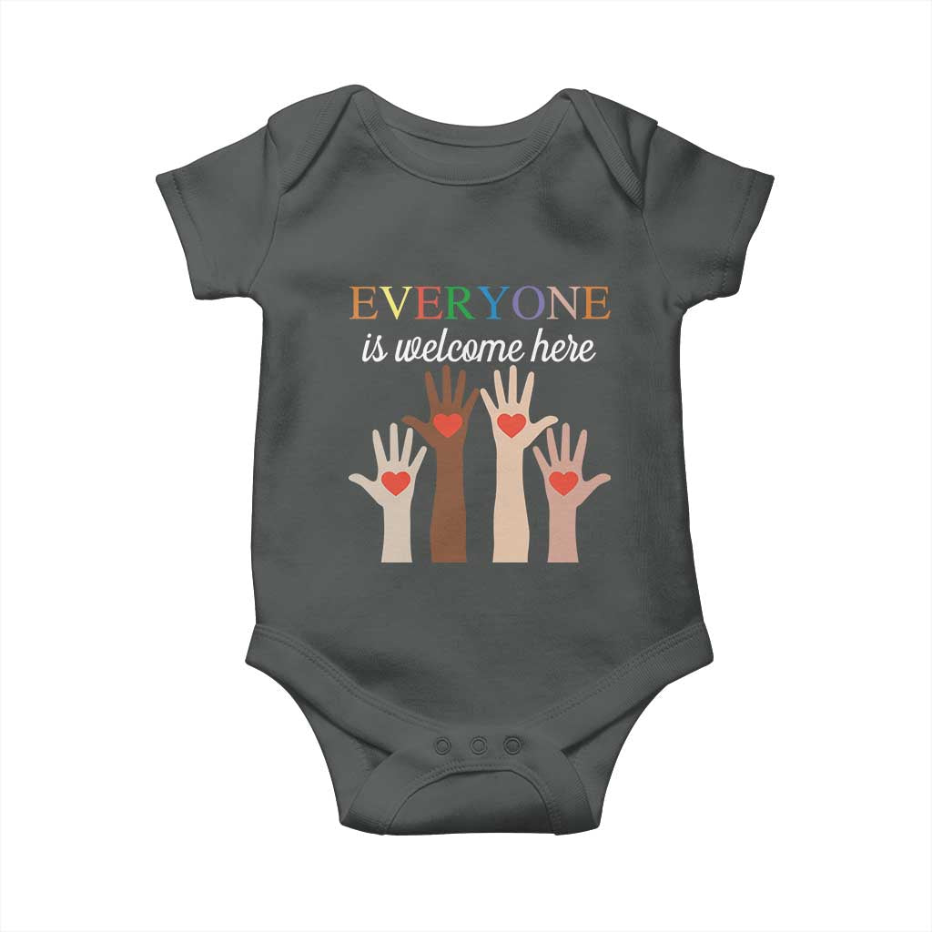 Everyone Is Welcome Here Baby Onesie Equality Fist Hands Hearts