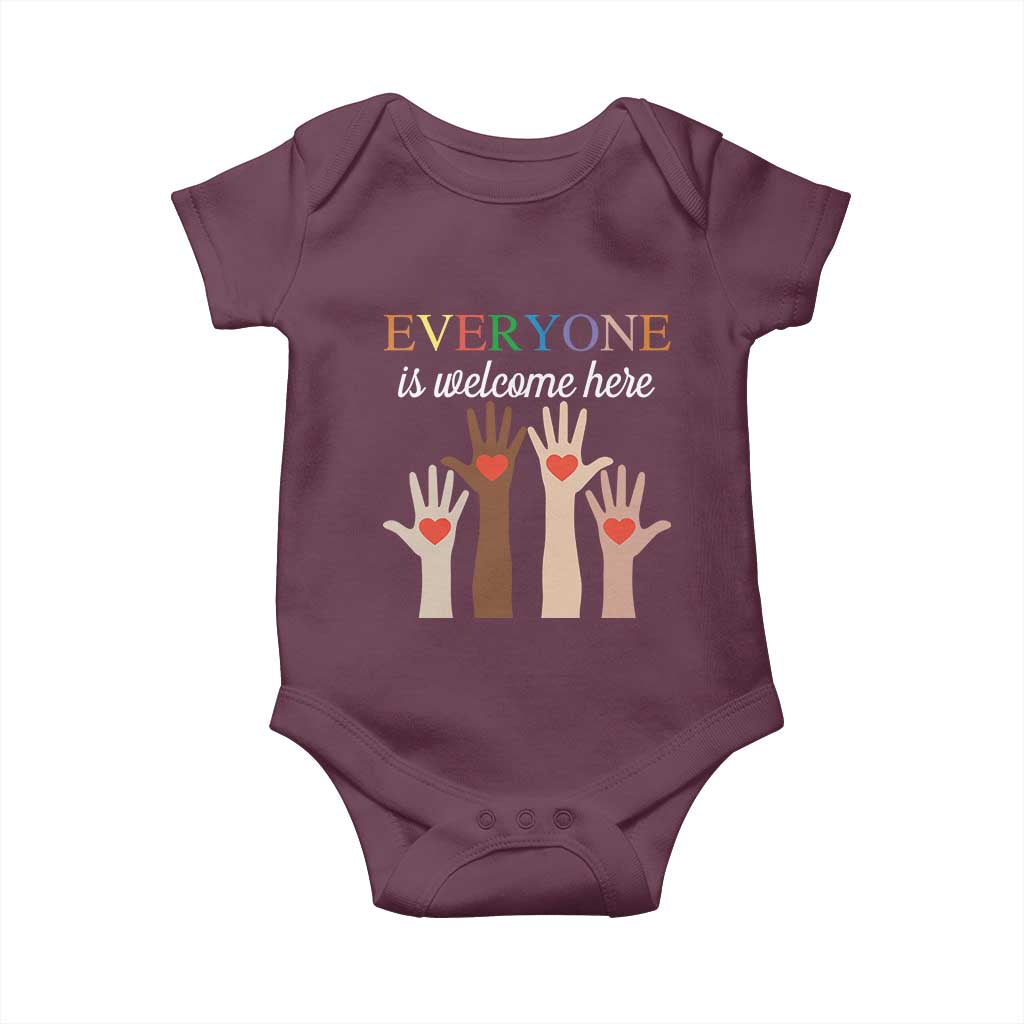 Everyone Is Welcome Here Baby Onesie Equality Fist Hands Hearts