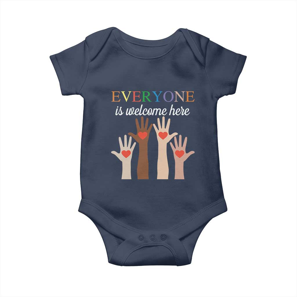 Everyone Is Welcome Here Baby Onesie Equality Fist Hands Hearts