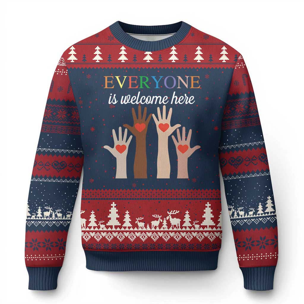 Everyone Is Welcome Here Ugly Christmas Sweater Equality Fist Hands Hearts - Wonder Print Shop