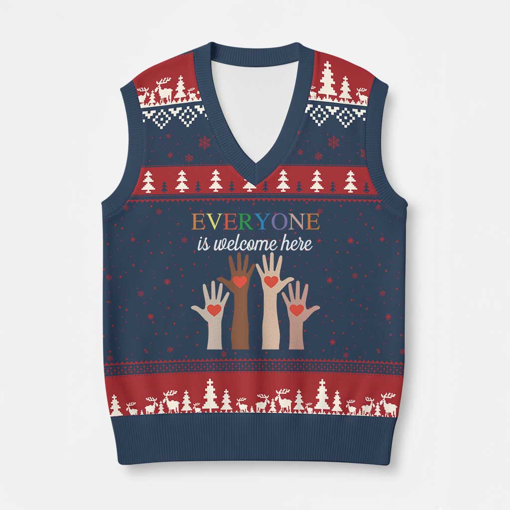 Everyone Is Welcome Here V-Neck Knit Sweater Vest Equality Fist Hands Hearts - Wonder Print Shop