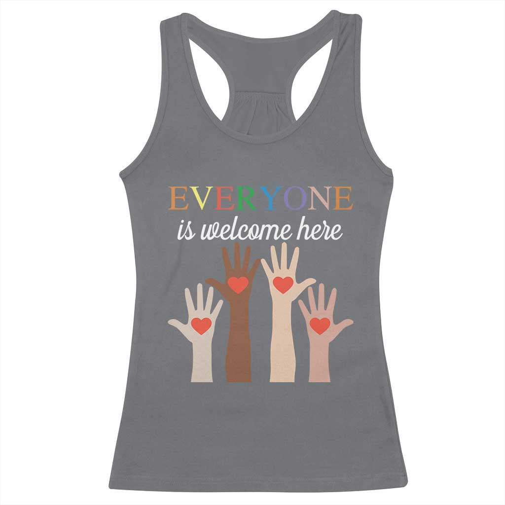Everyone Is Welcome Here Racerback Tank Top Equality Fist Hands Hearts