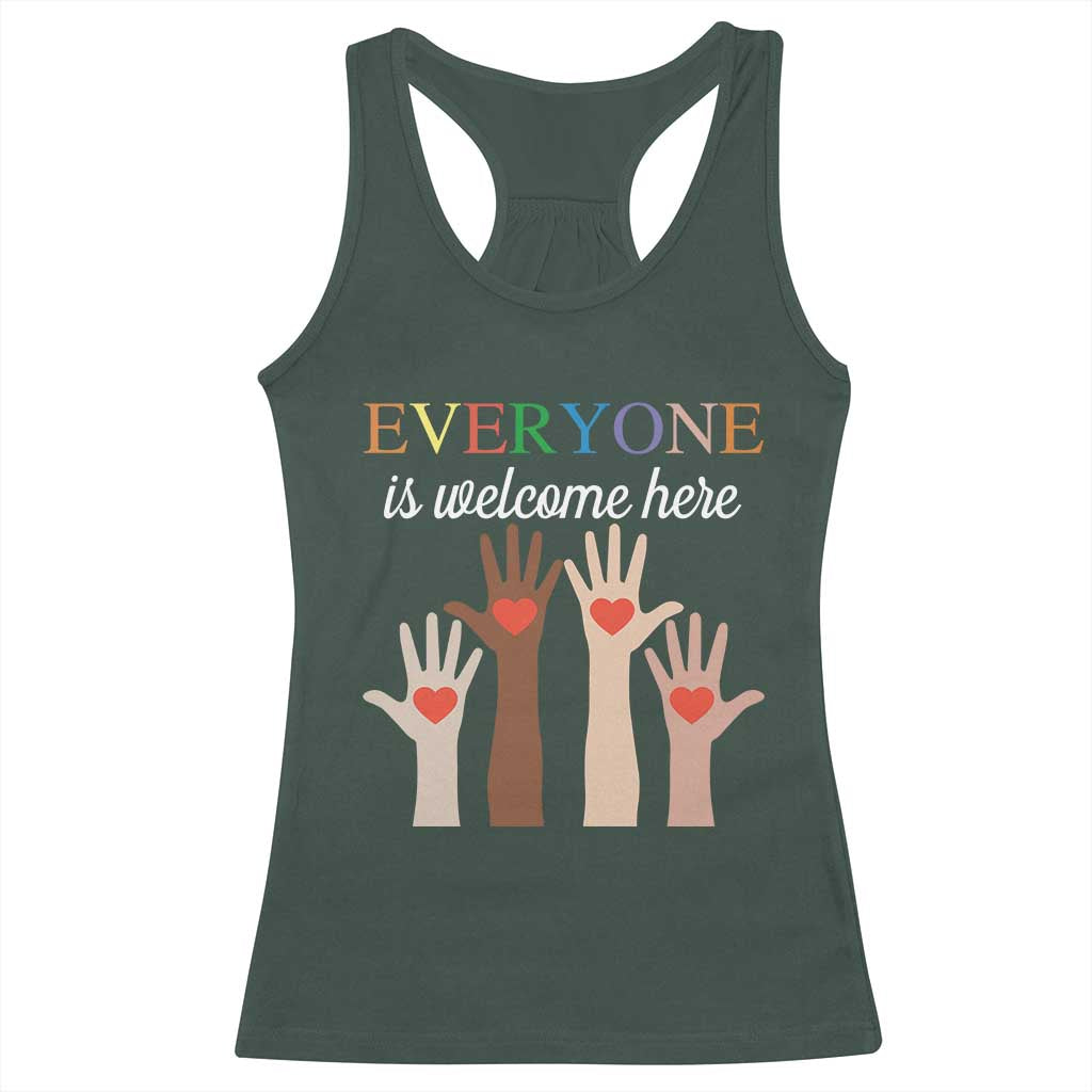 Everyone Is Welcome Here Racerback Tank Top Equality Fist Hands Hearts