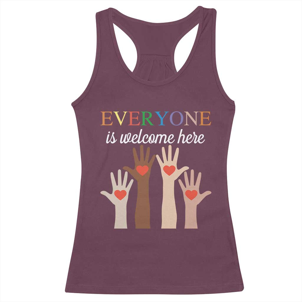 Everyone Is Welcome Here Racerback Tank Top Equality Fist Hands Hearts