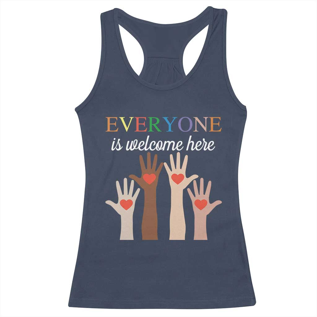 Everyone Is Welcome Here Racerback Tank Top Equality Fist Hands Hearts