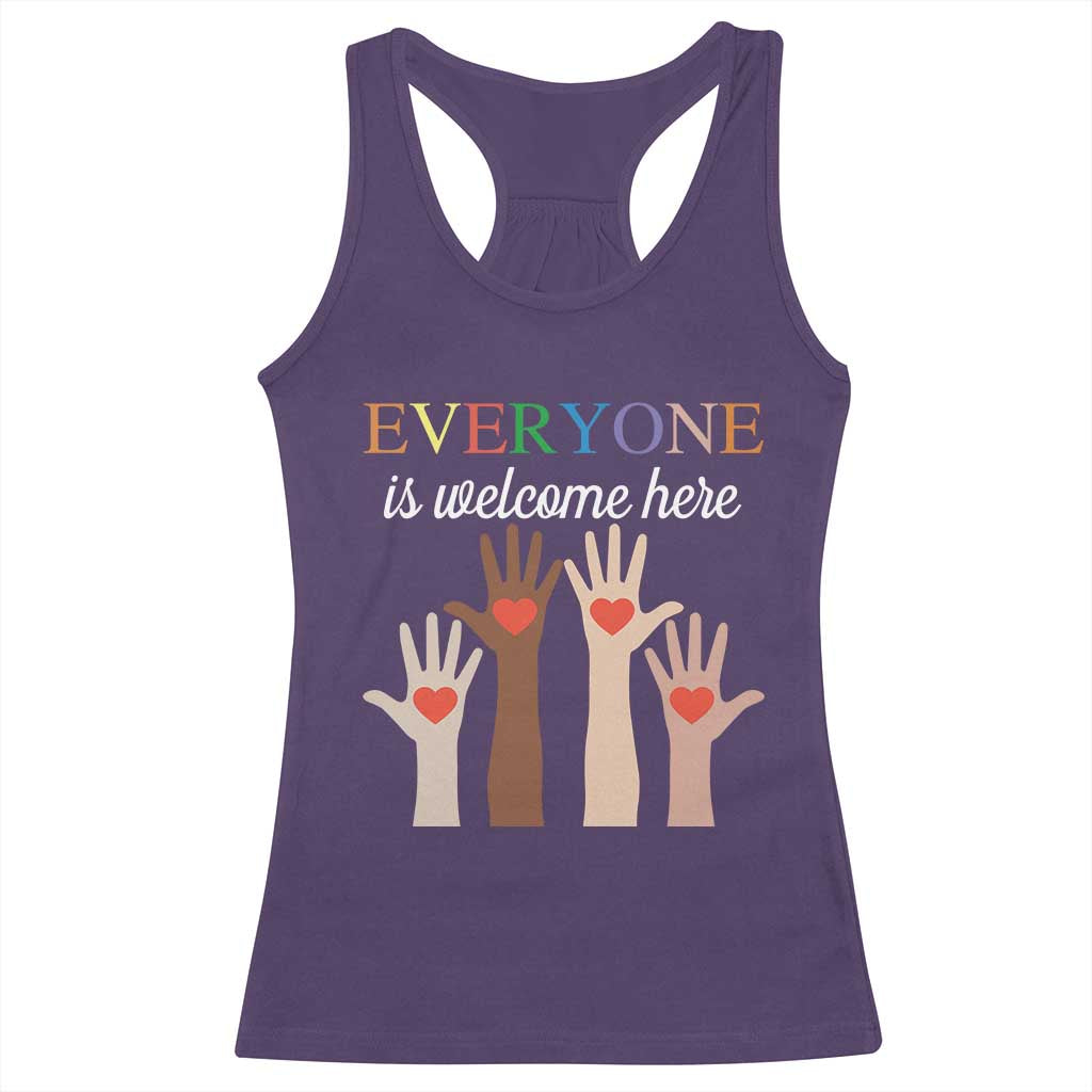 Everyone Is Welcome Here Racerback Tank Top Equality Fist Hands Hearts