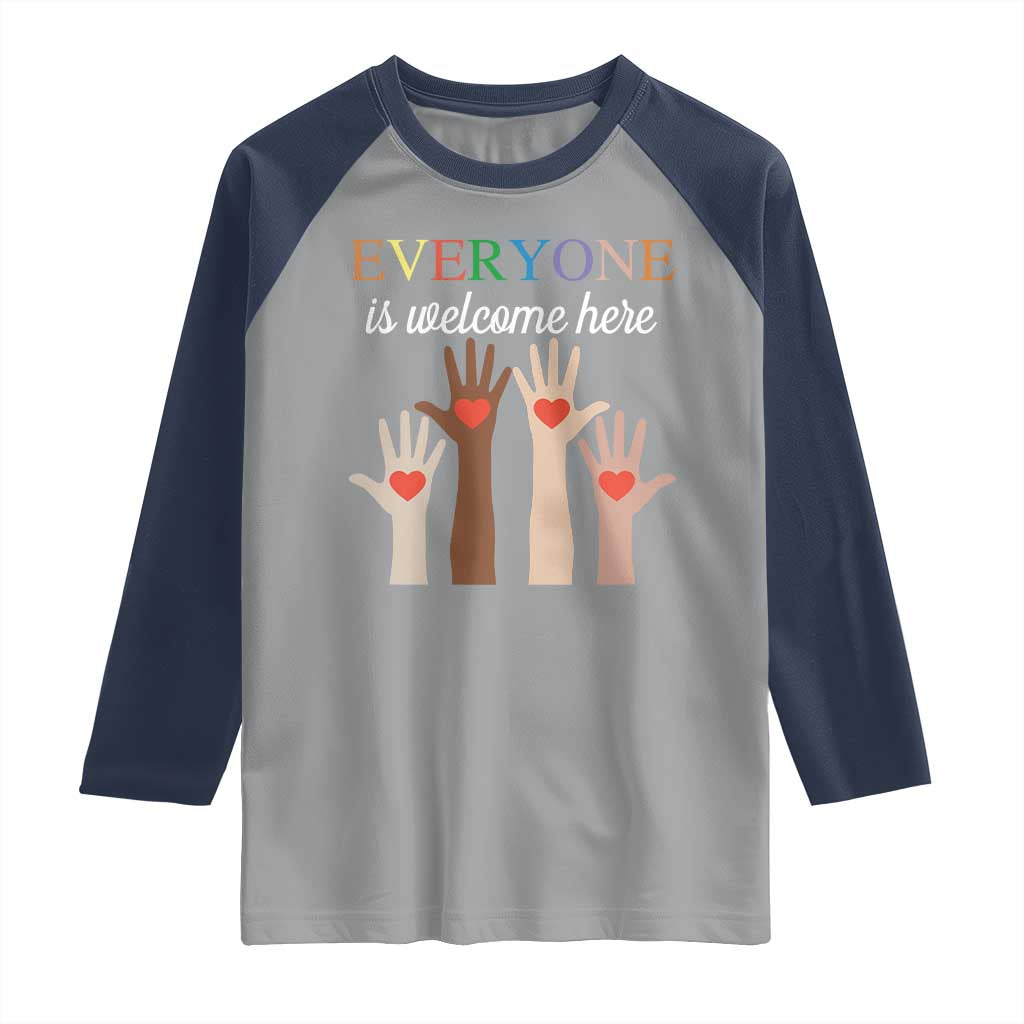 Everyone Is Welcome Here Raglan Shirt Equality Fist Hands Hearts