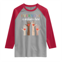 Everyone Is Welcome Here Raglan Shirt Equality Fist Hands Hearts