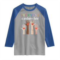 Everyone Is Welcome Here Raglan Shirt Equality Fist Hands Hearts