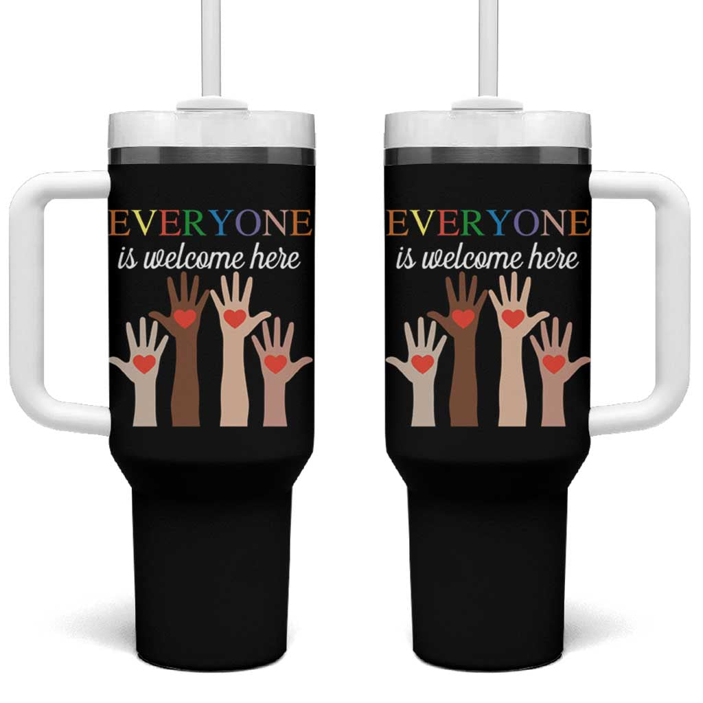Everyone Is Welcome Here Tumbler With Handle Equality Fist Hands Hearts