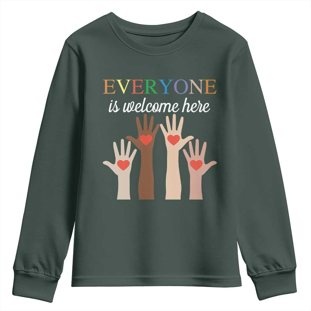 Everyone Is Welcome Here Youth Sweatshirt Equality Fist Hands Hearts