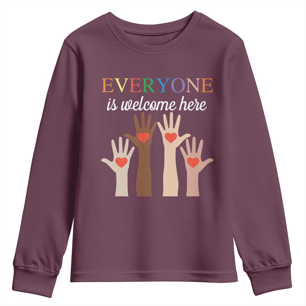 Everyone Is Welcome Here Youth Sweatshirt Equality Fist Hands Hearts