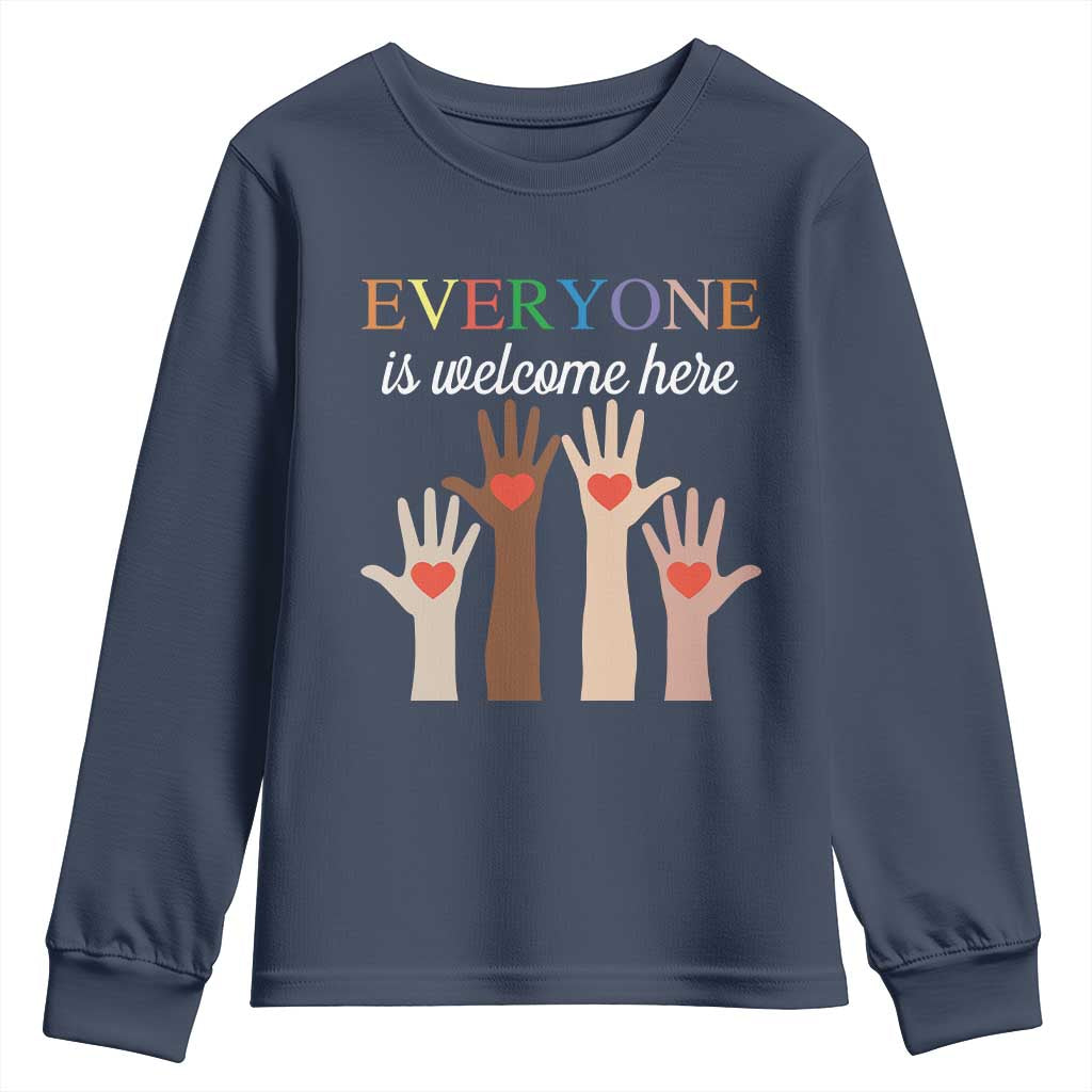 Everyone Is Welcome Here Youth Sweatshirt Equality Fist Hands Hearts