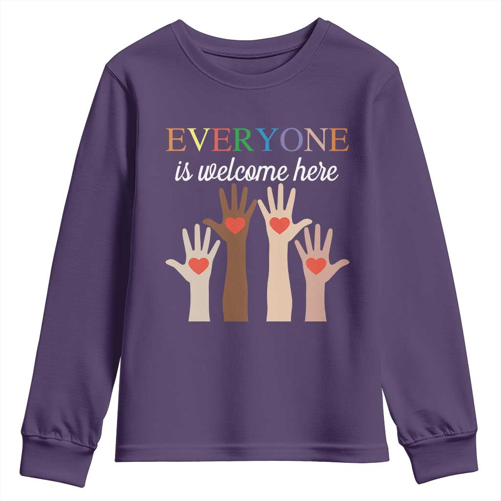 Everyone Is Welcome Here Youth Sweatshirt Equality Fist Hands Hearts