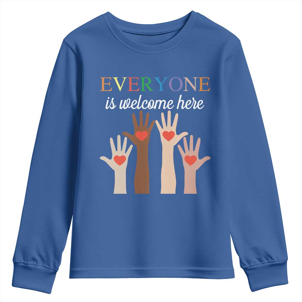 Everyone Is Welcome Here Youth Sweatshirt Equality Fist Hands Hearts