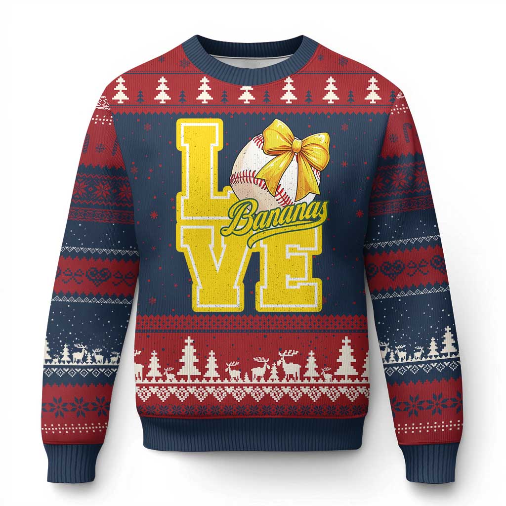 Vintage Banana Coquette Bow Ugly Christmas Sweater LOVE Baseball Fan Sport Lover - Wonder Print Shop