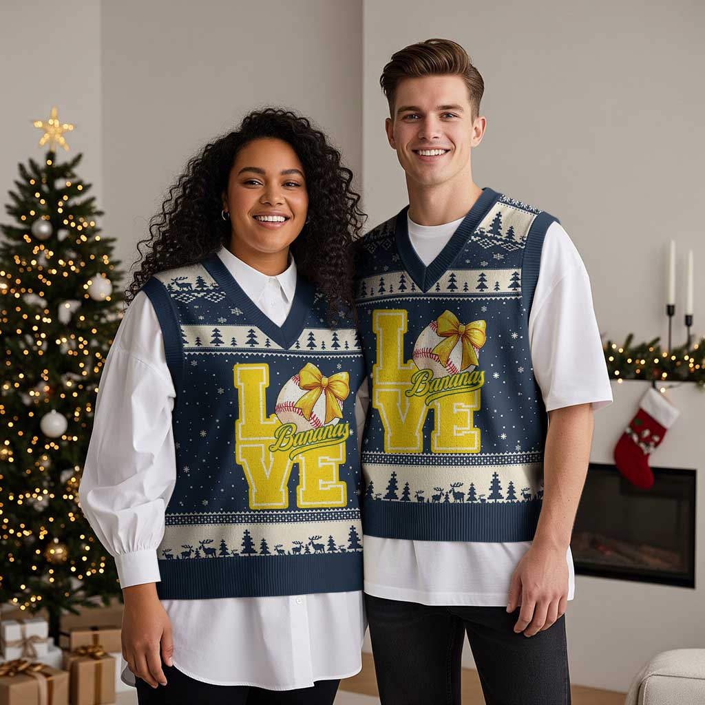 Vintage Banana Coquette Bow V-Neck Knit Sweater Vest LOVE Baseball Fan Sport Lover - Wonder Print Shop