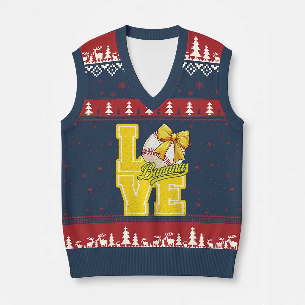Vintage Banana Coquette Bow V-Neck Knit Sweater Vest LOVE Baseball Fan Sport Lover - Wonder Print Shop