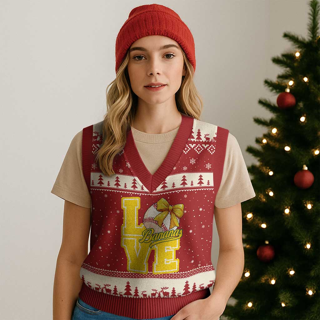 Vintage Banana Coquette Bow V-Neck Knit Sweater Vest LOVE Baseball Fan Sport Lover - Wonder Print Shop
