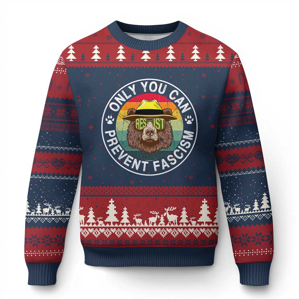 Only You Can Prevent Fascism Ugly Christmas Sweater Protect National Parks Bear Resist - Wonder Print Shop