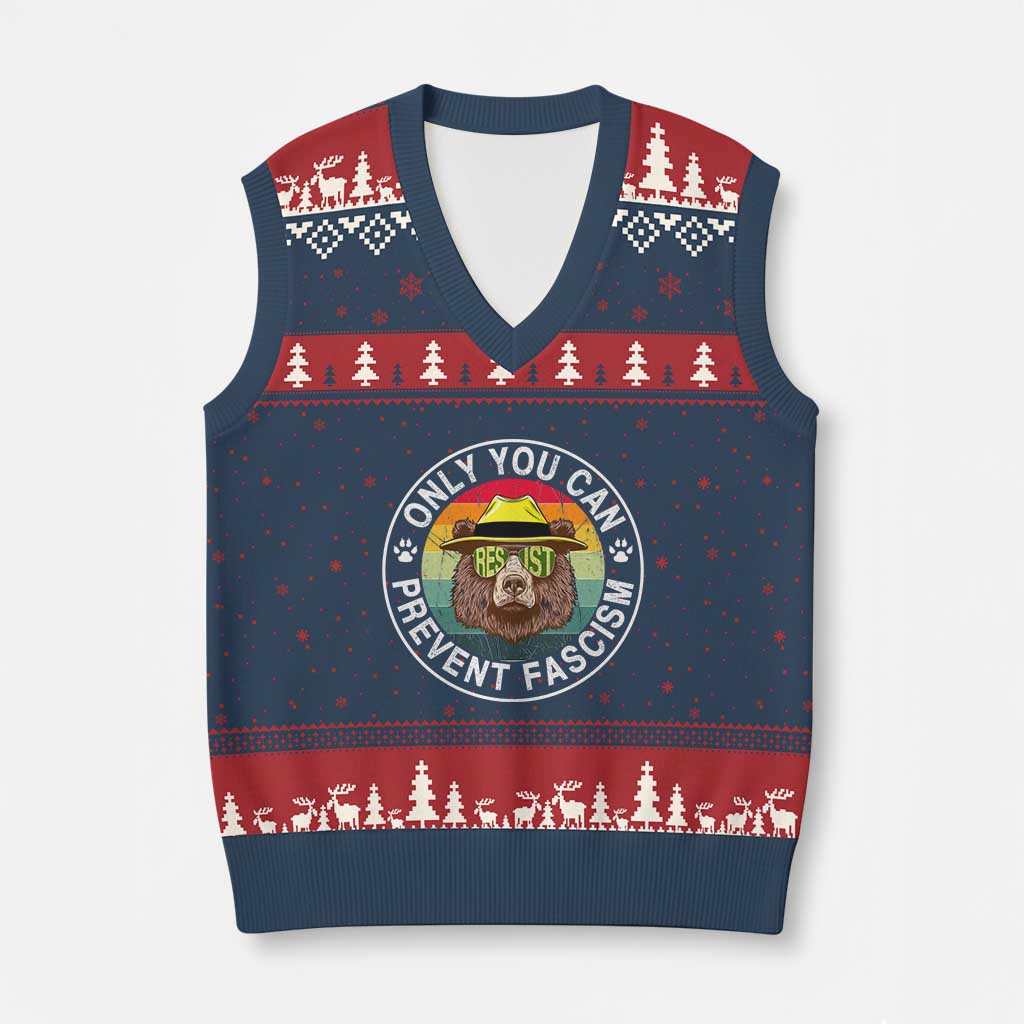 Only You Can Prevent Fascism V-Neck Knit Sweater Vest Protect National Parks Bear Resist - Wonder Print Shop