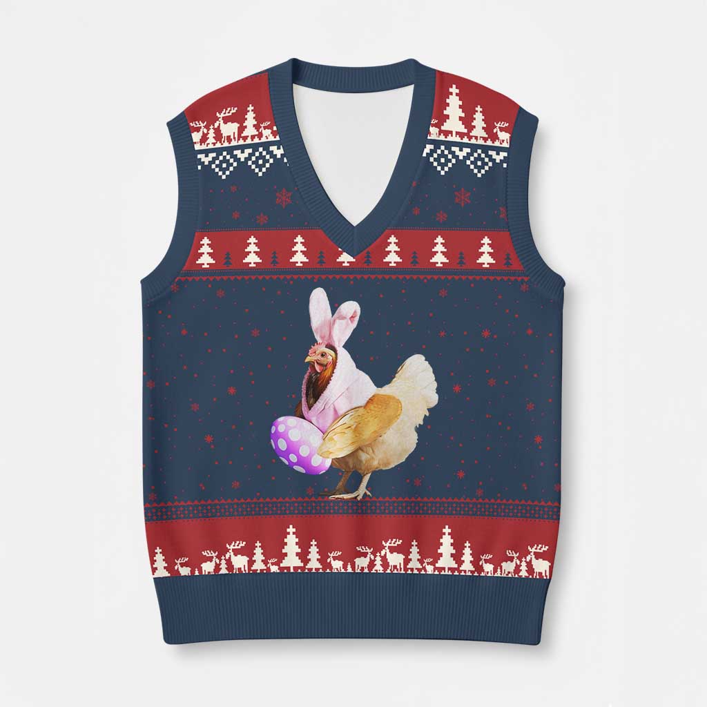 Funny Chicken Bunny V-Neck Knit Sweater Vest Happy Easter Eggs Farm - Wonder Print Shop