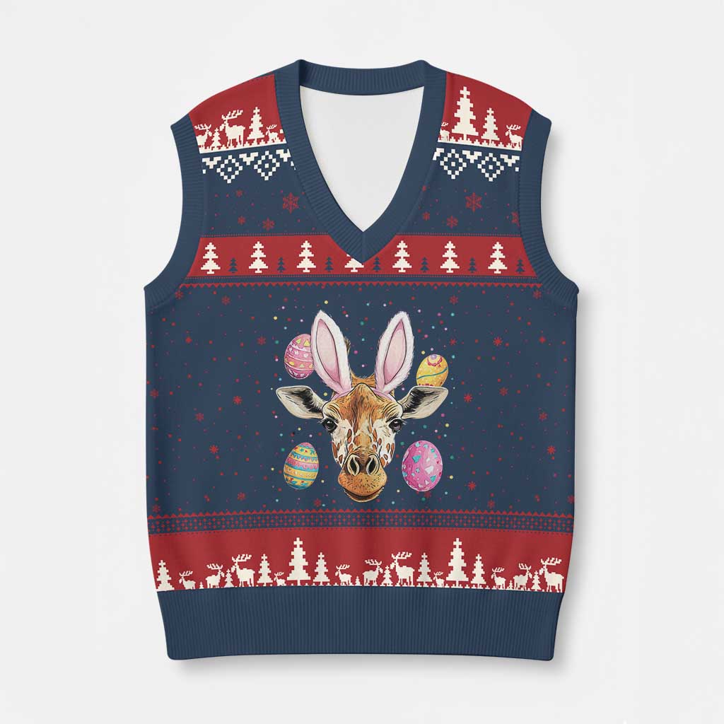 Funny Giraffe Bunny V-Neck Knit Sweater Vest Happy Easter Day Sunday - Wonder Print Shop