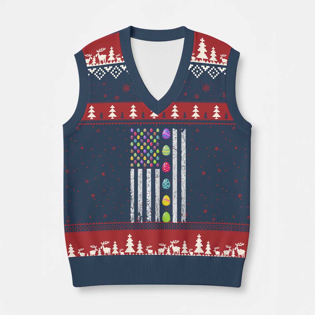 Easter Eggs American Flag Patriotic V-Neck Knit Sweater Vest Happy Easter Day - Wonder Print Shop