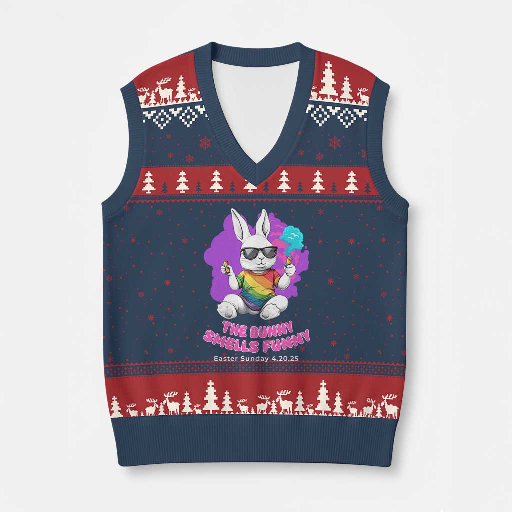 Happy 420 Easter V-Neck Knit Sweater Vest The Bunny Smells Funny - Wonder Print Shop